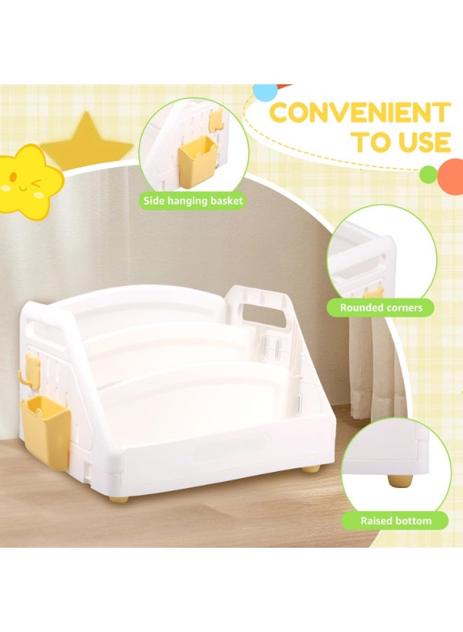 CHIYLE 3-Tier Foldable Toddler Bookshelf with Hook and Hanging Basket, Kid-Friendly Height for Nursery, Kindergarten, Playroom (White) - Image 5