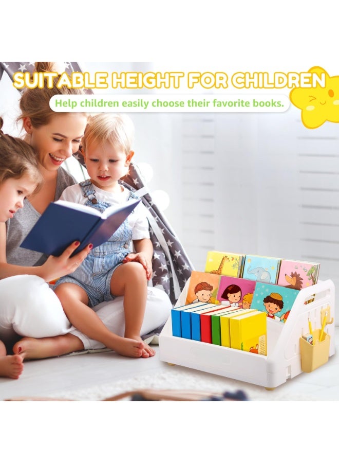CHIYLE 3-Tier Foldable Toddler Bookshelf with Hook and Hanging Basket, Kid-Friendly Height for Nursery, Kindergarten, Playroom (White) - Image 2