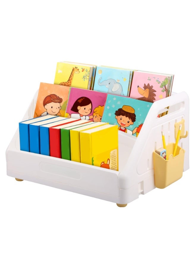 CHIYLE 3-Tier Foldable Toddler Bookshelf with Hook and Hanging Basket, Kid-Friendly Height for Nursery, Kindergarten, Playroom (White) - Image 1