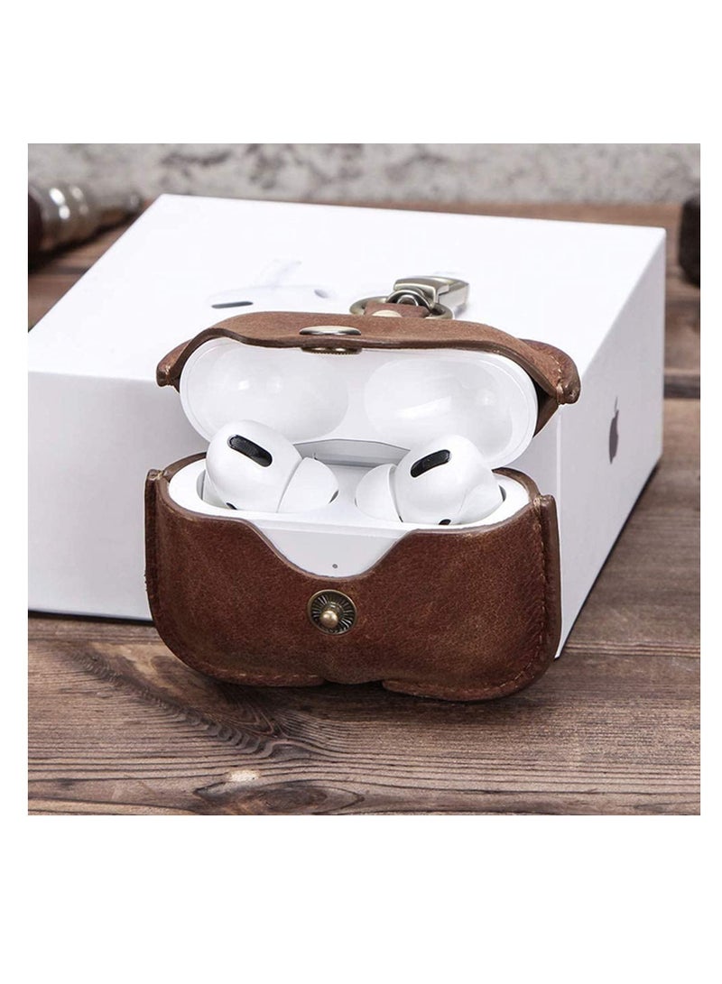 Luxury Genuine Cow Leather Case Airpods Pro, For Apple airpod 3 case with keychain, Protective Cover, Waterproof Silicone Cover Airpods Accessories for Charging Case for Charging Box (Brown)