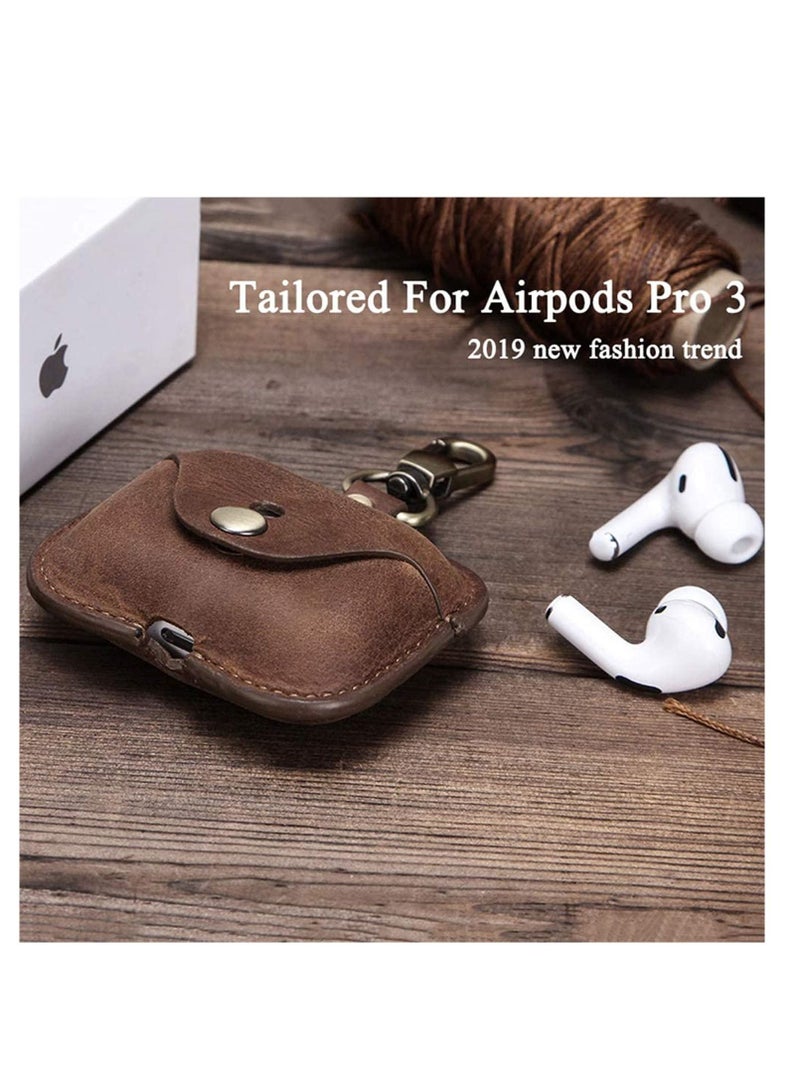 Luxury Genuine Cow Leather Case Airpods Pro, For Apple airpod 3 case with keychain, Protective Cover, Waterproof Silicone Cover Airpods Accessories for Charging Case for Charging Box (Brown)