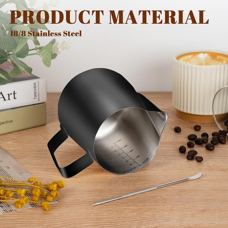 Amrules Milk Frothing Pitcher, 20oz Milk Frother Cup with Clear Scale, 304 Stainless Steel Cappuccino Espresso Machine Accessories for Barista Coffee Bar with Latte Art Pen, Black - Image 5