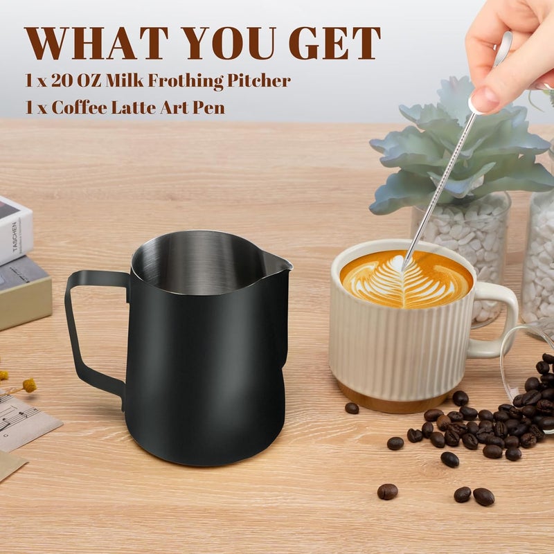Amrules Milk Frothing Pitcher, 20oz Milk Frother Cup with Clear Scale, 304 Stainless Steel Cappuccino Espresso Machine Accessories for Barista Coffee Bar with Latte Art Pen, Black - Image 3