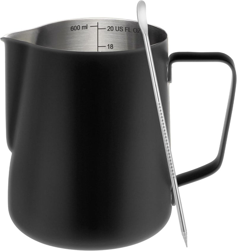 Amrules Milk Frothing Pitcher, 20oz Milk Frother Cup with Clear Scale, 304 Stainless Steel Cappuccino Espresso Machine Accessories for Barista Coffee Bar with Latte Art Pen, Black - Image 1