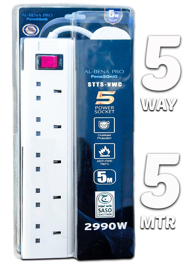 High Quality Ultra Durable 5 Meter 5-Way Extension Board with UK Pin | 13A Power 2990W | Push Button On/Off Switch | Overload Protection | Anti-Fire 750°C (White)  - Image 2