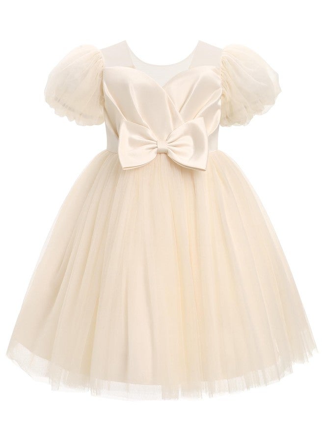 OBEEII Girls Birthday Tulle Dress Toddler Pageant Party Ball Gown Formal Baptism Tutu Dress Short Sleeve Cake Smash Photoshoot Outfit Wedding Elegant First Christening Dress Champagne 18-24 Months - Image 1