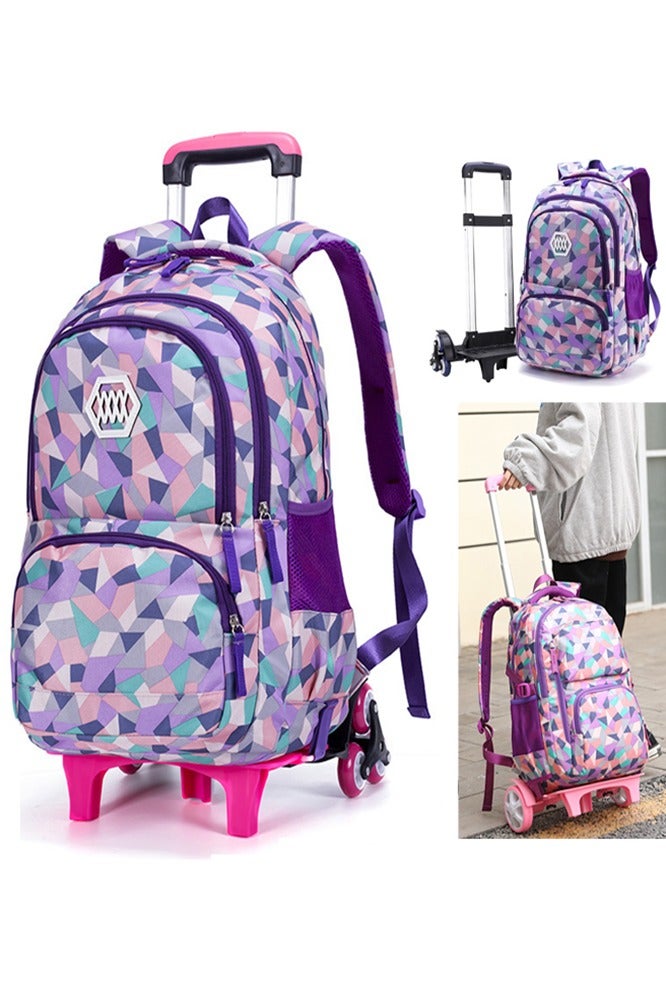 ZIRANYU حقيبة مدرسية للأطفال بتصميم هندسي مطبوع للفتيات للمرحلة الابتدائية والإعدادية والجامعية، حقيبة مدرسية كاجوال بعجلات وحقيبة كتف وحقيبة سفر (حقيبة ظهر بعجلات بنفسجية) - Image 1