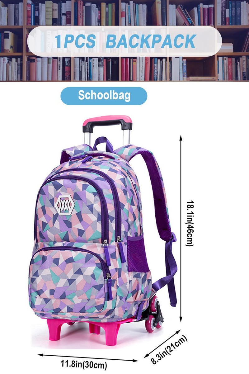 ZIRANYU حقيبة مدرسية للأطفال بتصميم هندسي مطبوع للفتيات للمرحلة الابتدائية والإعدادية والجامعية، حقيبة مدرسية كاجوال بعجلات وحقيبة كتف وحقيبة سفر (حقيبة ظهر بعجلات بنفسجية) - Image 2