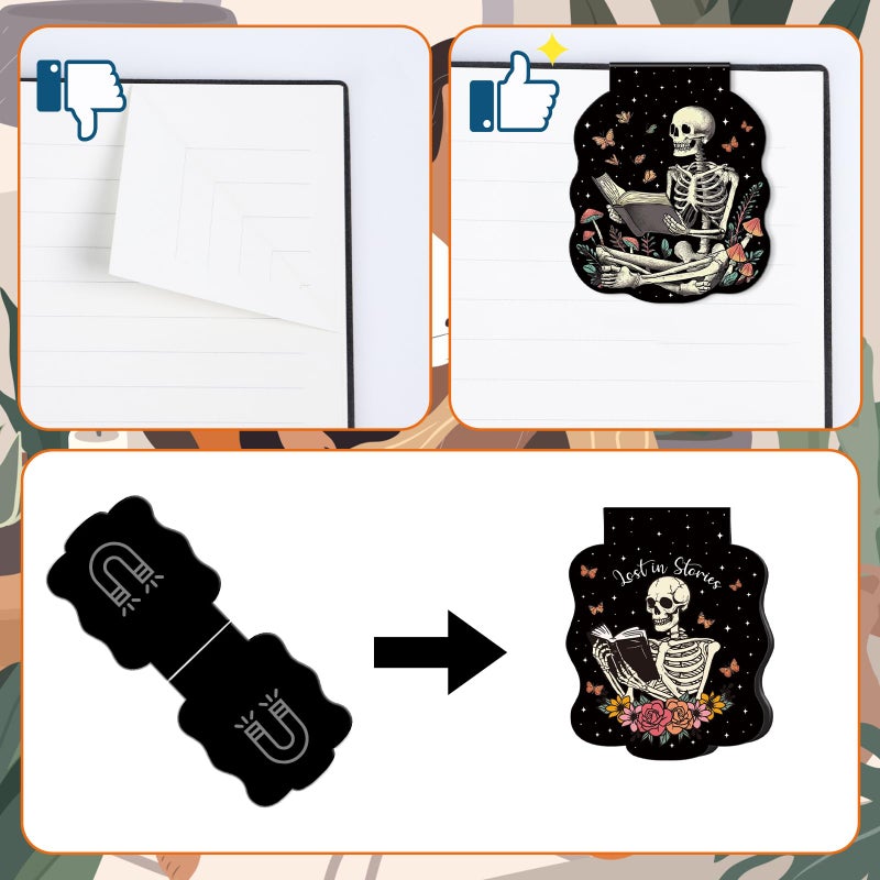 Wxiben Gothic Skeleton Bookmark Magnetic - 8 Pcs Skeleton Reading Bookmarks Magnetic Flower Skull Book Lover Book Marks Page Magnets Marker Clip Gifts for Women Men Students Teacher Reader Bookish - Image 4