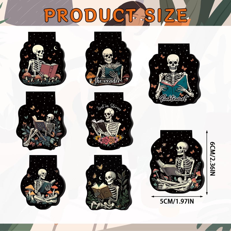 Wxiben Gothic Skeleton Bookmark Magnetic - 8 Pcs Skeleton Reading Bookmarks Magnetic Flower Skull Book Lover Book Marks Page Magnets Marker Clip Gifts for Women Men Students Teacher Reader Bookish - Image 2