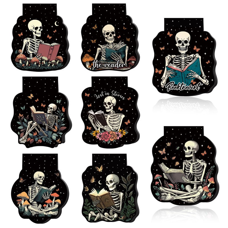 Wxiben Gothic Skeleton Bookmark Magnetic - 8 Pcs Skeleton Reading Bookmarks Magnetic Flower Skull Book Lover Book Marks Page Magnets Marker Clip Gifts for Women Men Students Teacher Reader Bookish - Image 1