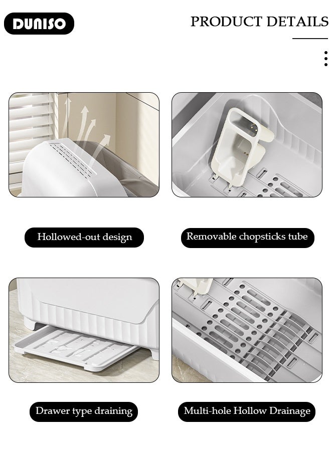 DUNISO Dish Drying Rack with Lid, Large Dish Rack for Kitchen Cabinets, Plastic Dish Drainer with Drainboard Tray, Kitchen Plate Cup Tray Cutlery Drainer, Space Saving Kitchen Countertop Organizer, Dustproof Nursing Baby Bottle Drying Rack Storage Box - Image 5