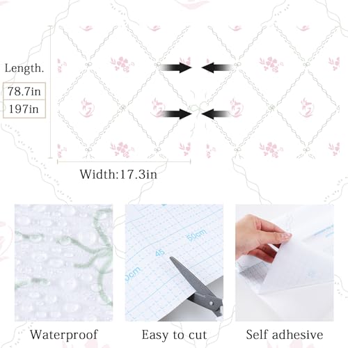 GloryTik Vintage Floral Wallpaper Peel and Stick, Removable Pink Flowers Contact Paper, Self Adhesive Wall Paper for Bedroom Living Room Cabinets Bedroom Vinyl Rolls (17.3" x 78.7") - Image 5