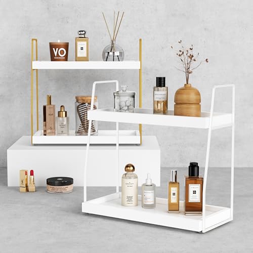 Forbena White 2 Tier Bathroom Organizer Countertop, Small Counter Top Organizer for Bathroom Decor, Modern Kitchen Counter Shelf for Snack, Vanity Makeup Organizers and Storage Tray for Bedroom - Image 5