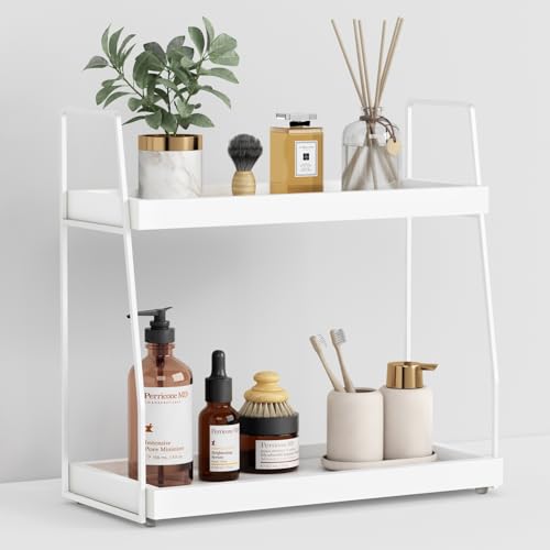 Forbena White 2 Tier Bathroom Organizer Countertop, Small Counter Top Organizer for Bathroom Decor, Modern Kitchen Counter Shelf for Snack, Vanity Makeup Organizers and Storage Tray for Bedroom - Image 1