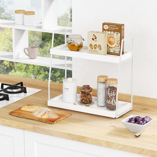 Forbena White 2 Tier Bathroom Organizer Countertop, Small Counter Top Organizer for Bathroom Decor, Modern Kitchen Counter Shelf for Snack, Vanity Makeup Organizers and Storage Tray for Bedroom - Image 3
