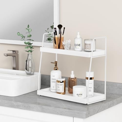 Forbena White 2 Tier Bathroom Organizer Countertop, Small Counter Top Organizer for Bathroom Decor, Modern Kitchen Counter Shelf for Snack, Vanity Makeup Organizers and Storage Tray for Bedroom - Image 2
