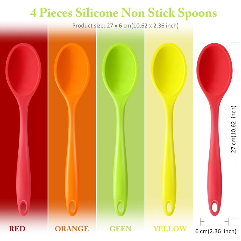 Shappy 4 Pieces Silicone Cooking Spoons 10.6 Inch Heat Resistant Kitchen Spoons for Mixing, Serving and Stirring Upgrade Large Non Stick Basting Utensils, Dishwasher Safe(Spoon,Bright Color) - Image 2