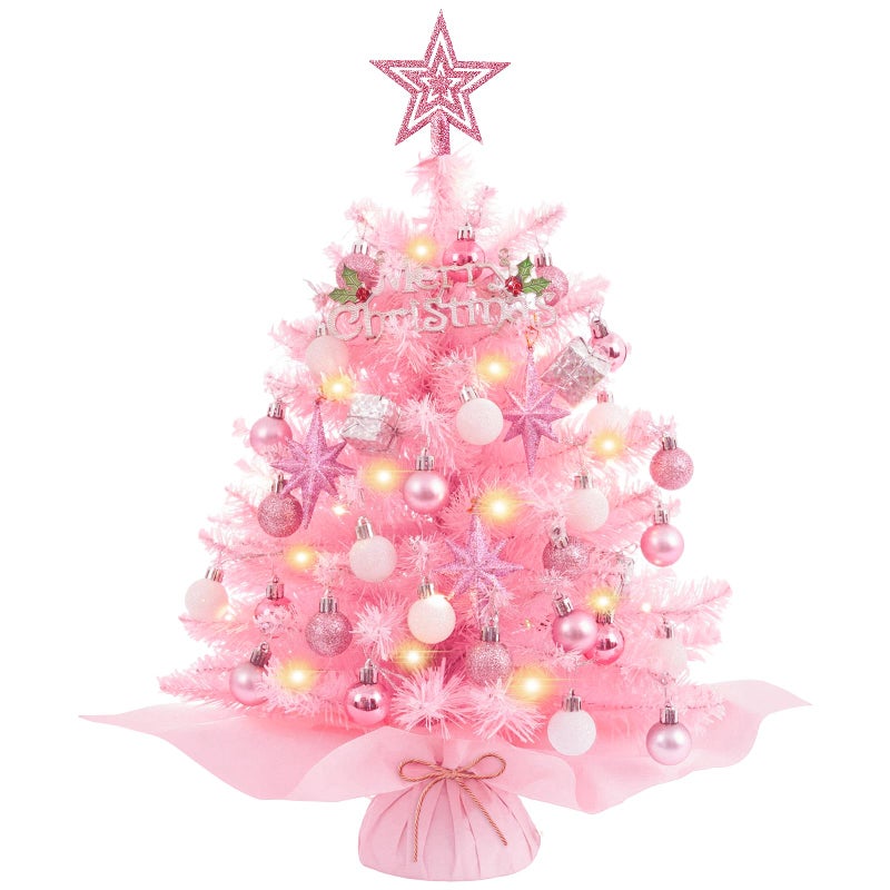 XmasExp 20in Mini Christmas Tree with Lights Pink Small Christmas Tree Artificial Tabletop Xmas Decor Holiday Decoration for Home Office Party