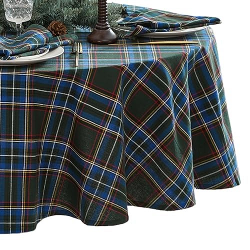 Elrene Home Fashions Stowe Tartan Holiday Plaid ChristmasWinter Cotton Oval Tablecloth 60x84 Green - Image 1