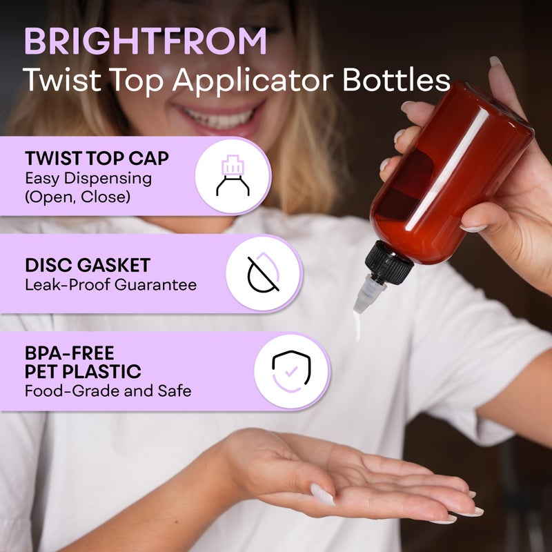BRIGHTFROM Twist Top Applicator Bottles, 8 OZ Amber, Squeeze Empty Round Plastic Bottles, BPA-Free, PET, Refillable, Open/Close Nozzle (Black) - Multi Purpose (Pack of 2) - Image 2