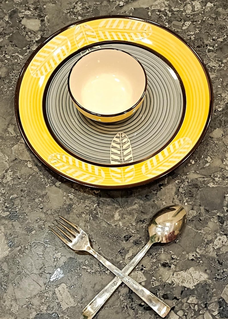 Caffeine Ceramic Handmade Yellow Leaf Combo Dinner Set (Set of 4) - Image 3
