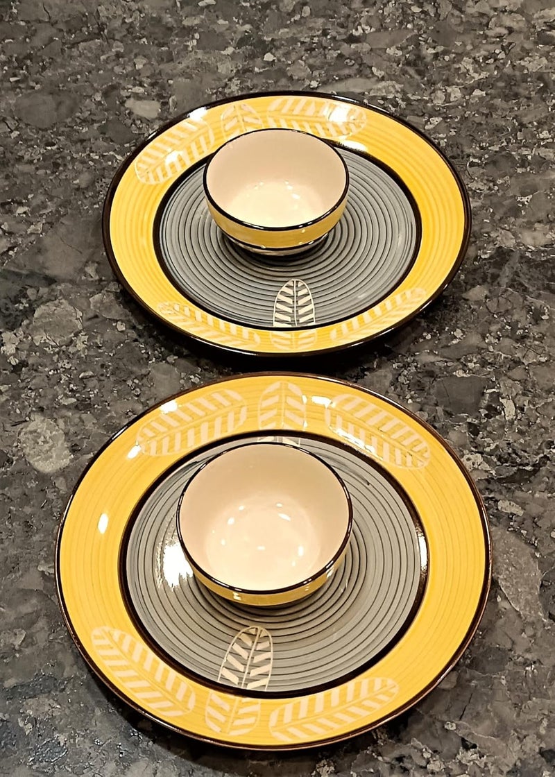 Caffeine Ceramic Handmade Yellow Leaf Combo Dinner Set (Set of 4) - Image 1