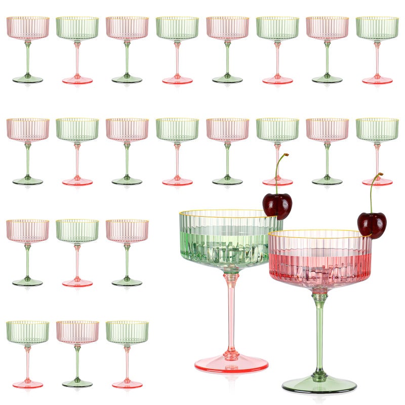 XUWAIDSGN 12 Pcs Champagne Martini Glasses 9 Oz with Gilded Removable Gold Rim Coupe Glasses Pink Martini Glasses Plastic Mimosa Vintage Coupe Glasses Set For Wedding Anniversary (12, Pink & Green) - Image 1