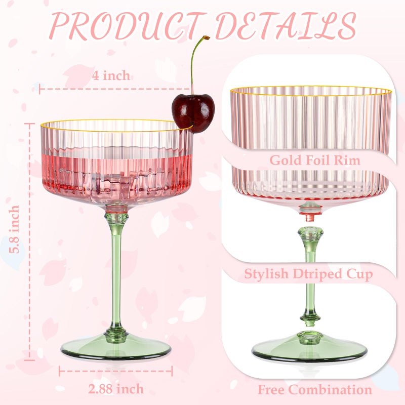XUWAIDSGN 12 Pcs Champagne Martini Glasses 9 Oz with Gilded Removable Gold Rim Coupe Glasses Pink Martini Glasses Plastic Mimosa Vintage Coupe Glasses Set For Wedding Anniversary (12, Pink & Green) - Image 2