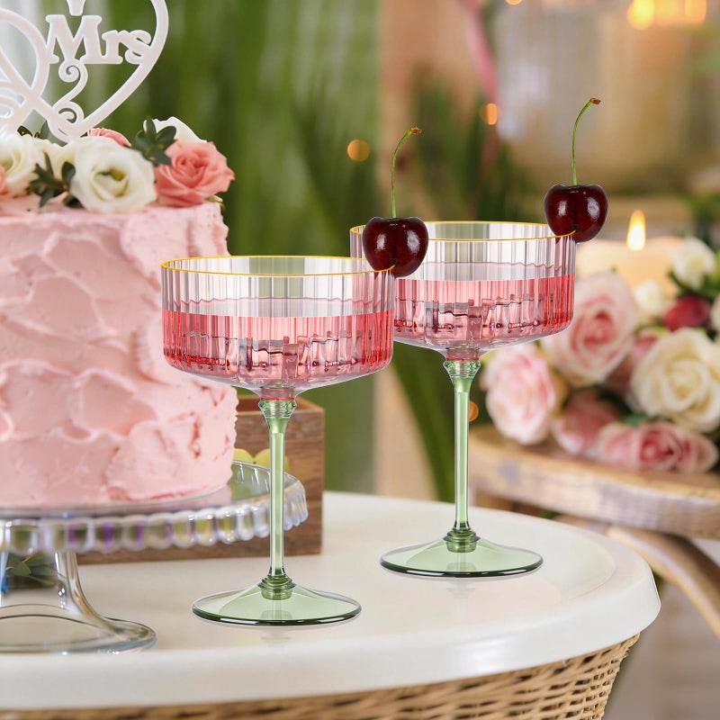 XUWAIDSGN 12 Pcs Champagne Martini Glasses 9 Oz with Gilded Removable Gold Rim Coupe Glasses Pink Martini Glasses Plastic Mimosa Vintage Coupe Glasses Set For Wedding Anniversary (12, Pink & Green) - Image 4