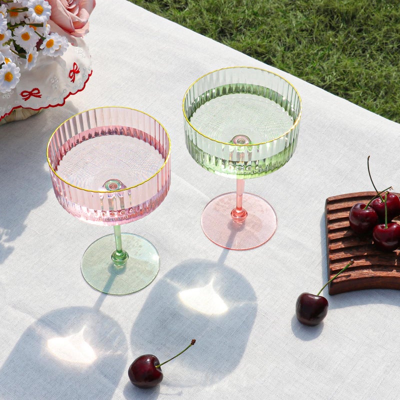 XUWAIDSGN 12 Pcs Champagne Martini Glasses 9 Oz with Gilded Removable Gold Rim Coupe Glasses Pink Martini Glasses Plastic Mimosa Vintage Coupe Glasses Set For Wedding Anniversary (12, Pink & Green) - Image 5
