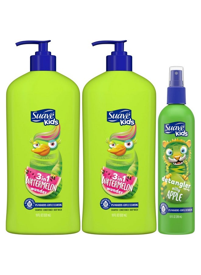 Suave - Suave Kids Shampoo & Conditioner 3-in-1, Watermelon Wonder 2-Pack + Detangler Spray for Kids, Silly Apple, Dermatologist-Tested & Tear Free - Image 1