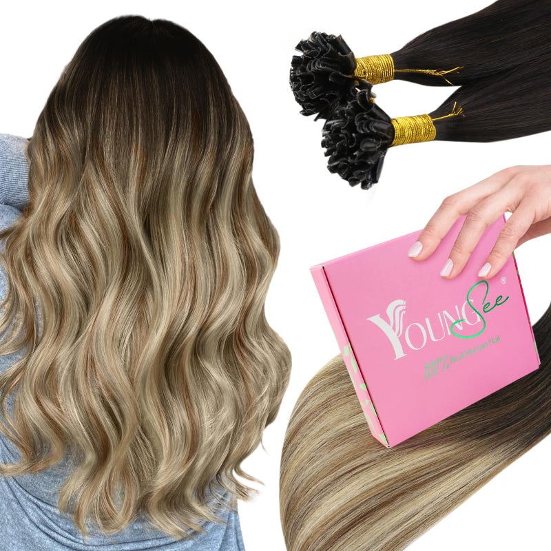 YoungSee U Tip Hair Extensions Human Hair Balayage Utip Real Hair Extensions Dark Brown Ombre Brown with Blonde Hot Fusion Hair Extensions U Tip Human Hair Extensions for Short Hair Ktip 14In 50s50g