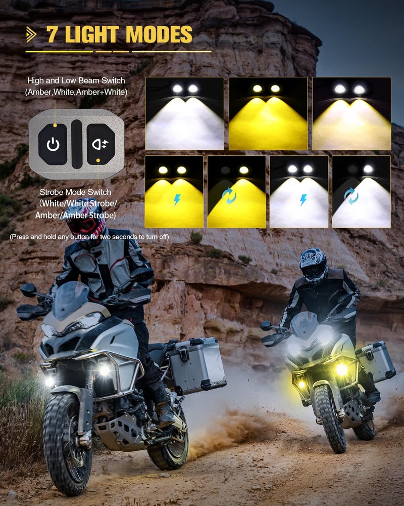 CO LIGHT LED Motorcycle Fog Lights 60W 18000LM Driving Auxiliary Lights 7 Modes Amber White Light Combo with Waterproof Wire Harness Kit, Universal Fit for Motorcycle SUV ATV UTV, 2PCS - Image 3