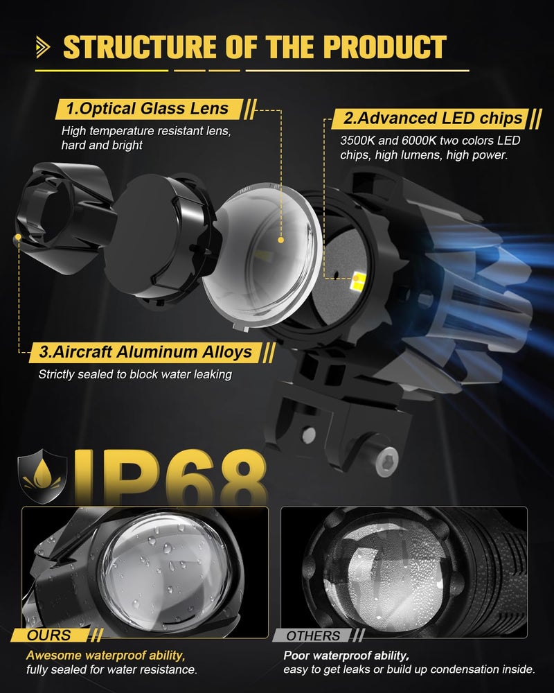 CO LIGHT LED Motorcycle Fog Lights 60W 18000LM Driving Auxiliary Lights 7 Modes Amber White Light Combo with Waterproof Wire Harness Kit, Universal Fit for Motorcycle SUV ATV UTV, 2PCS - Image 5