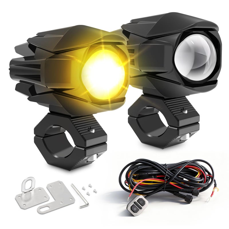CO LIGHT LED Motorcycle Fog Lights 60W 18000LM Driving Auxiliary Lights 7 Modes Amber White Light Combo with Waterproof Wire Harness Kit, Universal Fit for Motorcycle SUV ATV UTV, 2PCS - Image 1