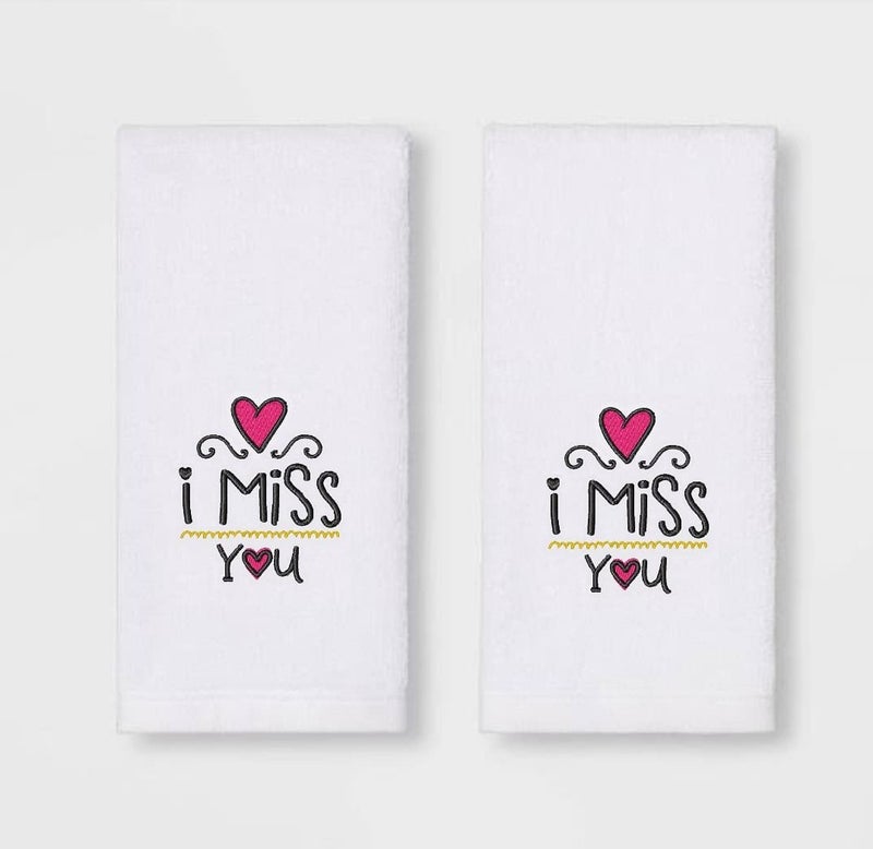 Mrunals Fashion 150 GSM Hand Towel with I Miss You Embroidery Pack of 2 Size 16 W X 27L inch Embroidery on White Towel - Image 1