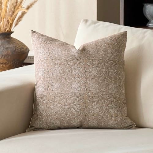 DOMVITUS Floral Pillow Covers 18x18 Throw Pillow Covers Block Print Vintage Decorative Neutral Pillow Cover for Couch Bed Living Room Light Camel 1PC - Image 1