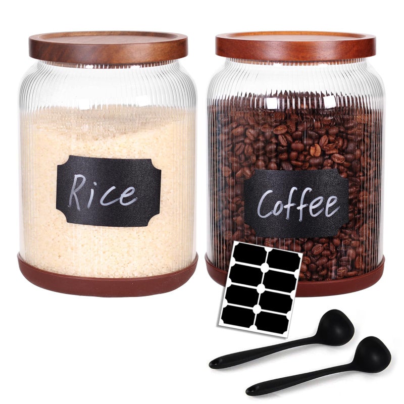 SAIOOL 2-Pack Striped Borosilicate Glass Airtight Canisters - Big mouth Large Capacity, Acacia Wood Lid, Food Storage Jars for Flour, Pasta, Pantry Organization (3/4 Gallon ï¼ˆ2 Striped packï¼‰) - Image 1