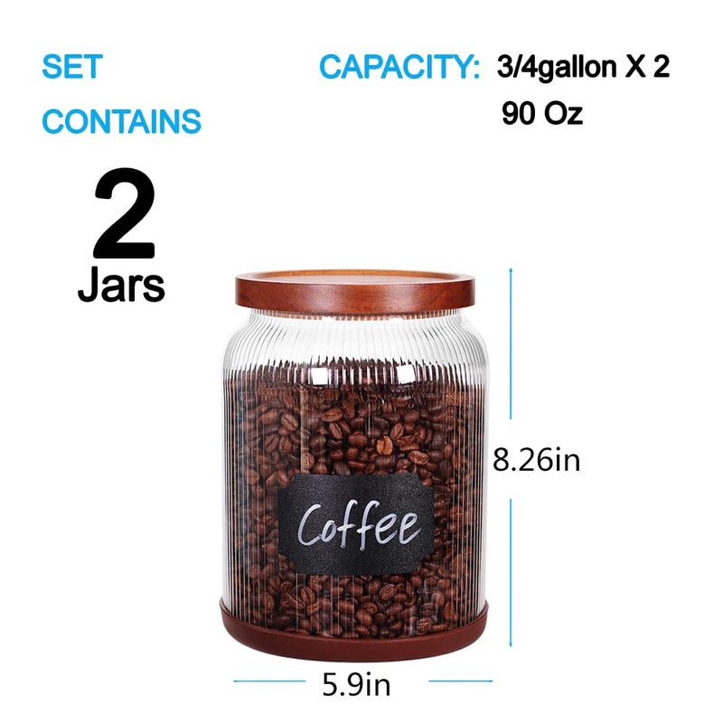 SAIOOL 2-Pack Striped Borosilicate Glass Airtight Canisters - Big mouth Large Capacity, Acacia Wood Lid, Food Storage Jars for Flour, Pasta, Pantry Organization (3/4 Gallon ï¼ˆ2 Striped packï¼‰) - Image 2
