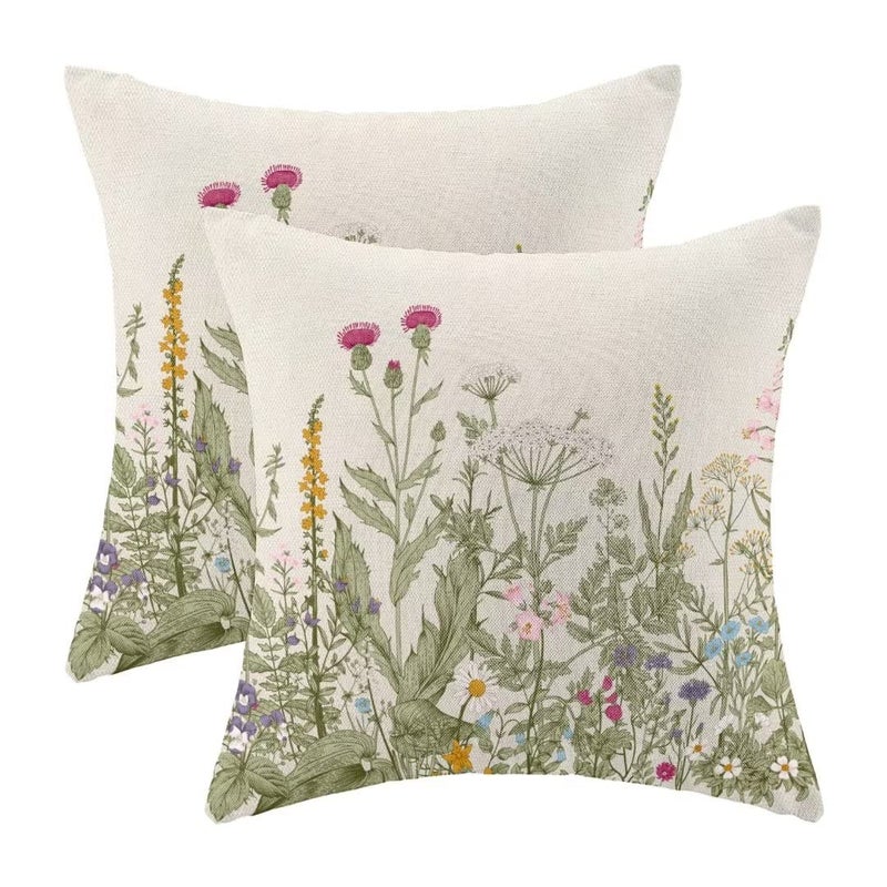 AEIOAE Spring Flower Pillow Covers 20 X 20 Inch Set of 2 Green Herbs Plant Leaf Floral Throw Pillow Covers Spring Cushion Case Farmhouse Decorative Pillows for Couch Sofa Home