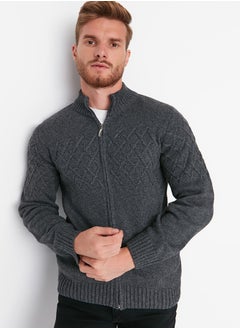trendyol Anthracite Regular Fit Half Fisherman Zipper Closure Textured Knitwear Cardigan TMNAW22HI0146  - Image 2