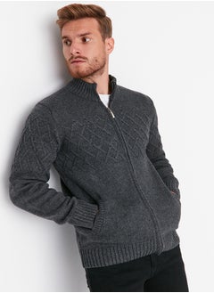 trendyol Anthracite Regular Fit Half Fisherman Zipper Closure Textured Knitwear Cardigan TMNAW22HI0146  - Image 4