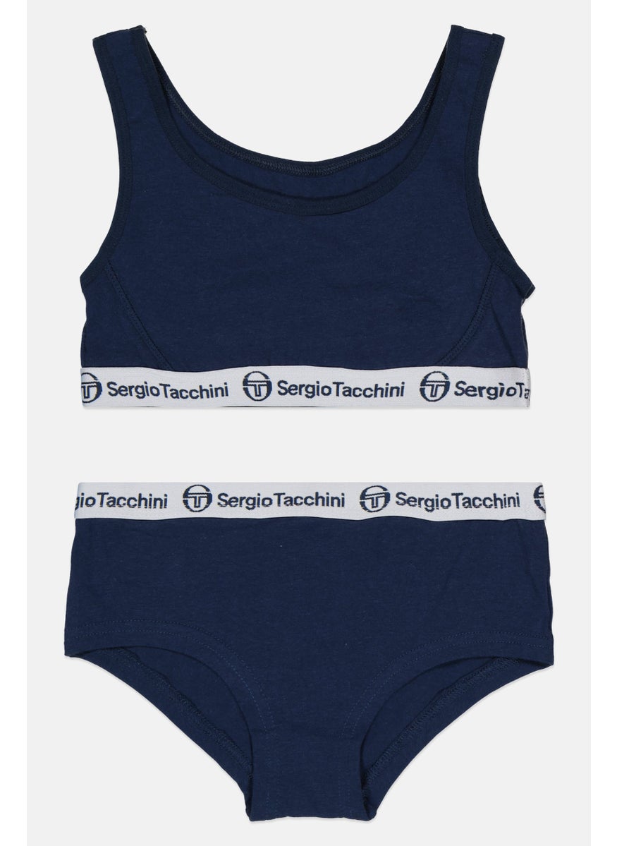 Sergio Tacchini Kids Girl 2 Pieces Non Padded Brand Logo Top And Bottom Set, Navy  - Image 1