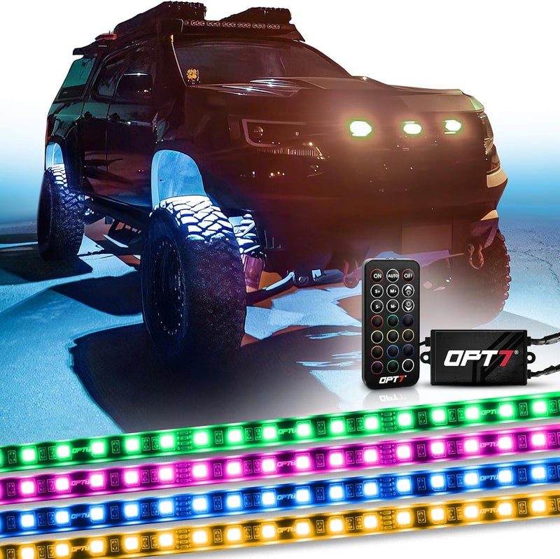 OPT7 Aura Wheel Well RGB Lights with Remote Control, Multicolor Tire Rim Lights for Cars Trucks Vans SUVs Motorcycles, Smart Color LED Lighting Kit, 4 pc 24 Inches Waterproof Strips, 12V - Image 1