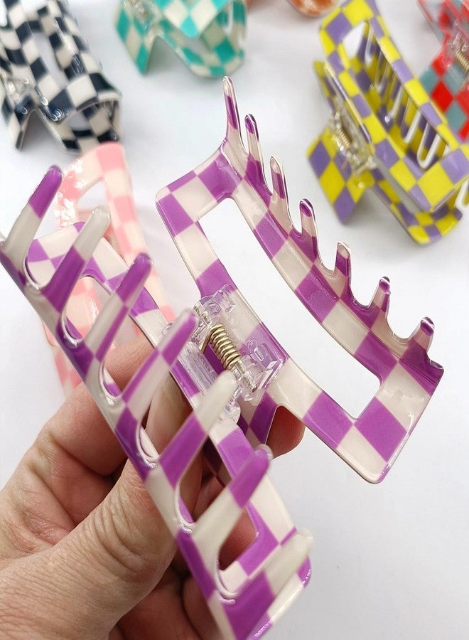 SINIDE Checkered Hair Claw Clips, Rectangle Bright Multicolored Square Checker Barrettes for Women Ladies Medium Non Slip Jaw Clip Acrylic Claw Clamps Accessories for Thin Thick Hair (4 Pack) - Image 3