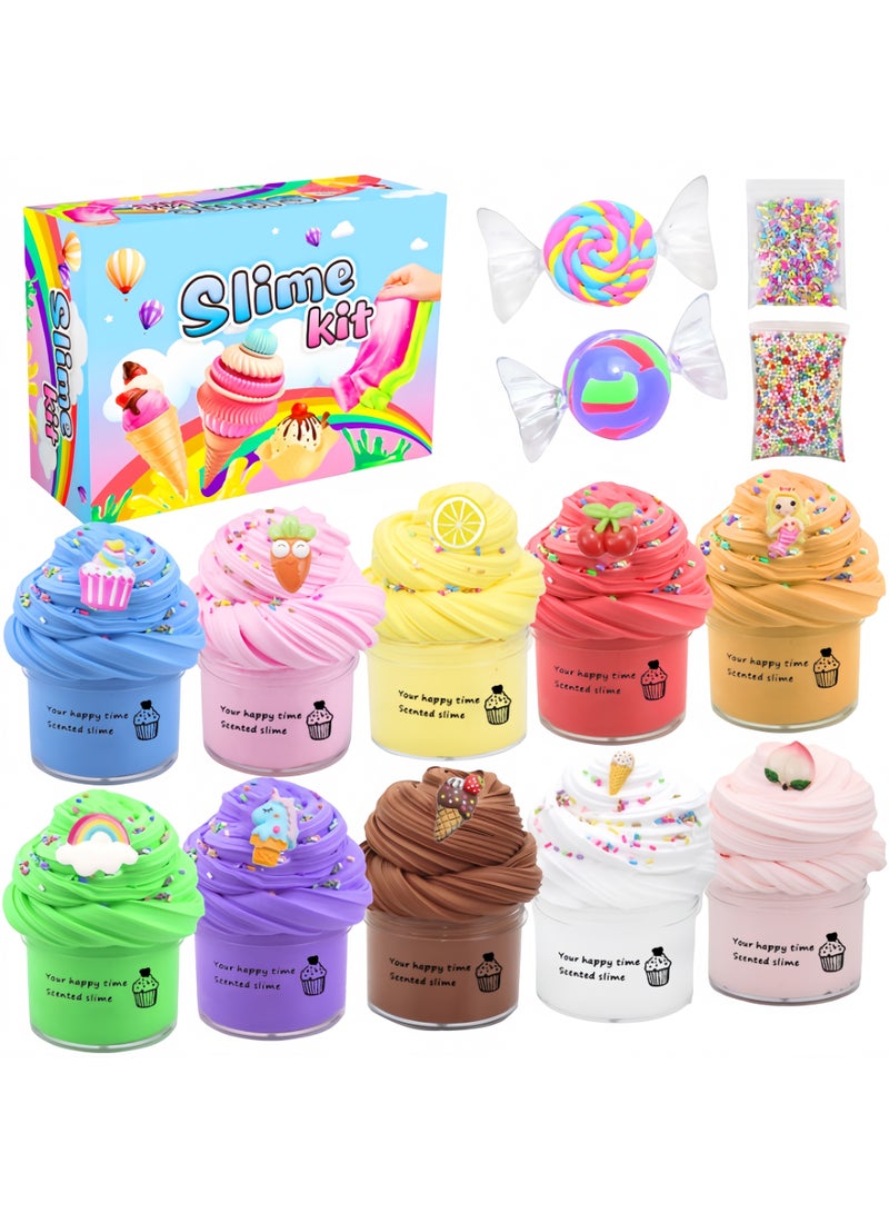 مجموعة سلايم الزبدة (10 قطع) مع زينة آيس كريم الفاكهة وقوالب الحلوى، غير لاصقة وآمنة للغاية، لعبة لتخفيف التوتر، هدايا حفلات ممتعة قابلة للتمدد، هدايا عيد ميلاد للأولاد والبنات - Image 1