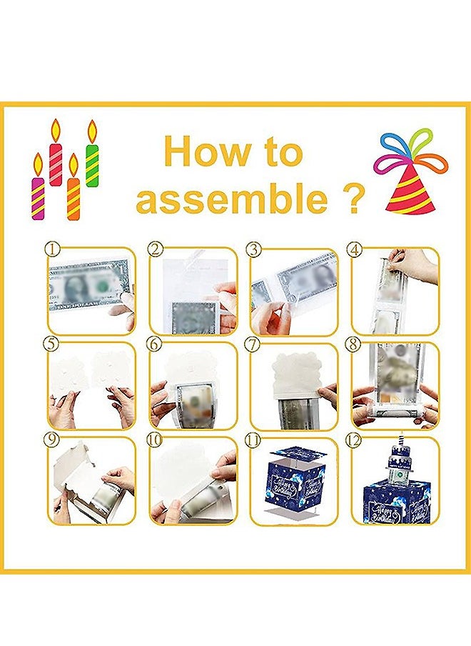Party Favor Bags, Happy Birthday Money Gift Box with Pull Out Card, A Fun Way to Present Cash as Gifts (Blue)