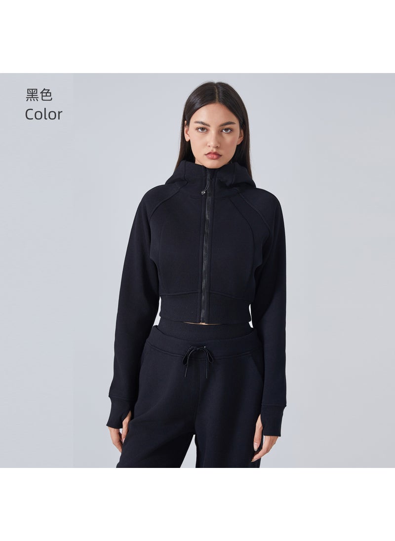 Generic Autumn Winter Zip Hoodie Cropped Fitness Jacket Black 