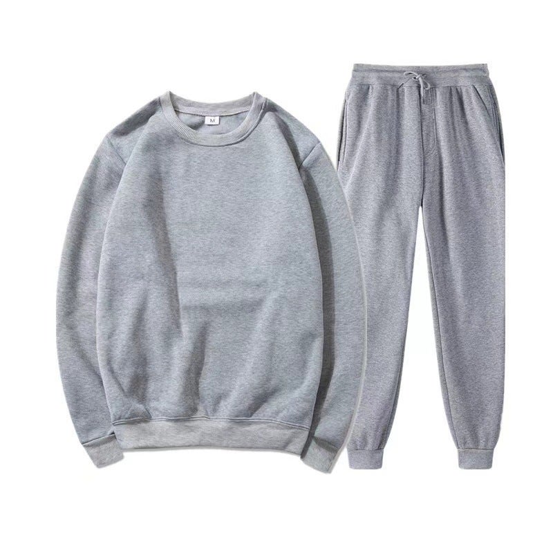 Generic Cross-border Mens and Womens Round Neck Sweatshirt Sports suit Solid Color Light Plate Fleece Loose Pullover Sportswear suit Gray 